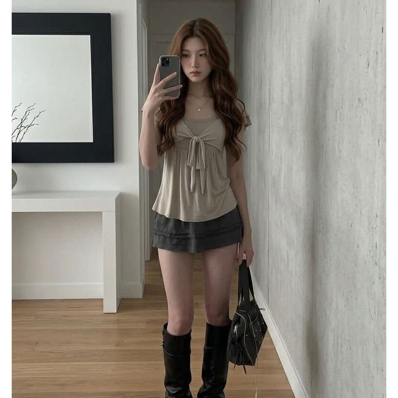 양모 아우라 익스트림 제인 바람 회색 반팔 티셔츠 나비 넥타이 페이크 레이어드 여름 얇은 스타일 작은 키 맨위 이미지 4