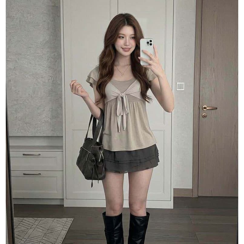 양모 아우라 익스트림 제인 바람 회색 반팔 티셔츠 나비 넥타이 페이크 레이어드 여름 얇은 스타일 작은 키 맨위 이미지 2