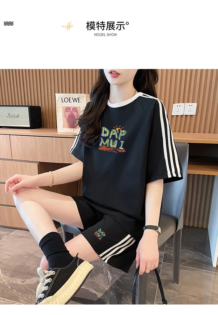 모방 면 케이블 루오 Na 캐주얼 스포츠 슈트 여성 루즈핏 빅 사이즈 반팔 지방 mm 프린트 투피스 세트 트렌디 상세 이미지 6