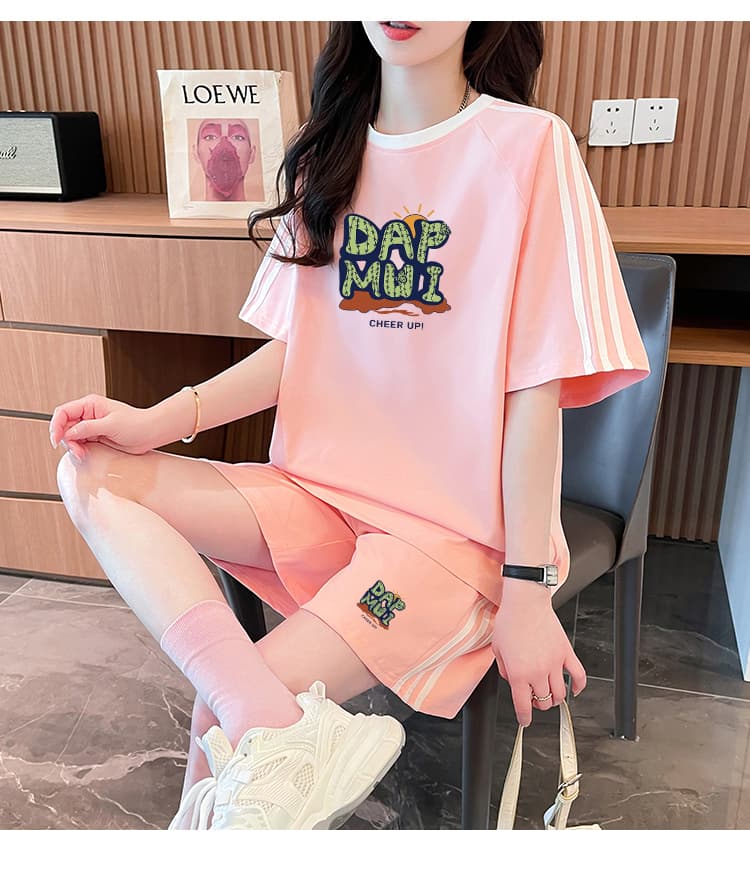 모방 면 케이블 루오 Na 캐주얼 스포츠 슈트 여성 루즈핏 빅 사이즈 반팔 지방 mm 프린트 투피스 세트 트렌디 상세 이미지 16