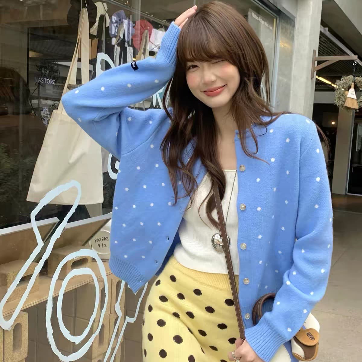 레트로 도트 무늬 자카드 스웨터 니트 오픈 가디건 여성 재킷 2026 봄 가을 느긋한 미니멀리즘 다용도 슬림해 보이는 맨위 이미지 5
