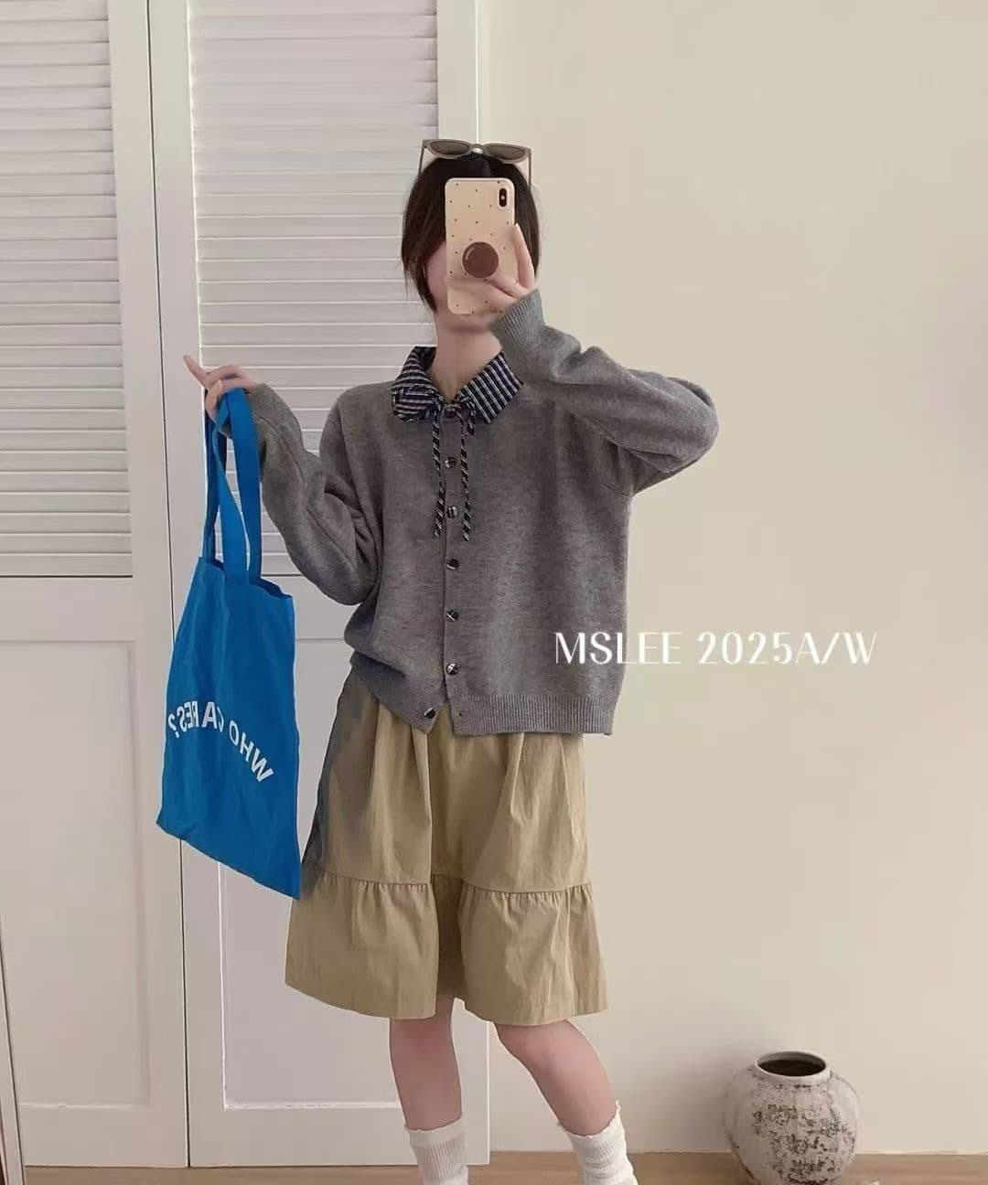 고급 디자인 센스 체크무늬 패치워크 POLO 칼라 레이스업 긴팔 여성 한 부서 3 차원 단추 니트 스웨터 재킷 맨위 상세 이미지 4