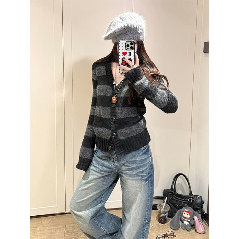 아메리칸 레트로 스트라이프 V넥 니트 스웨터 여성 봄 새로운 몸매 가꾸기 슬림해 보이는 부드러운 찹쌀 오픈 가디건 긴팔 스웨터 코트