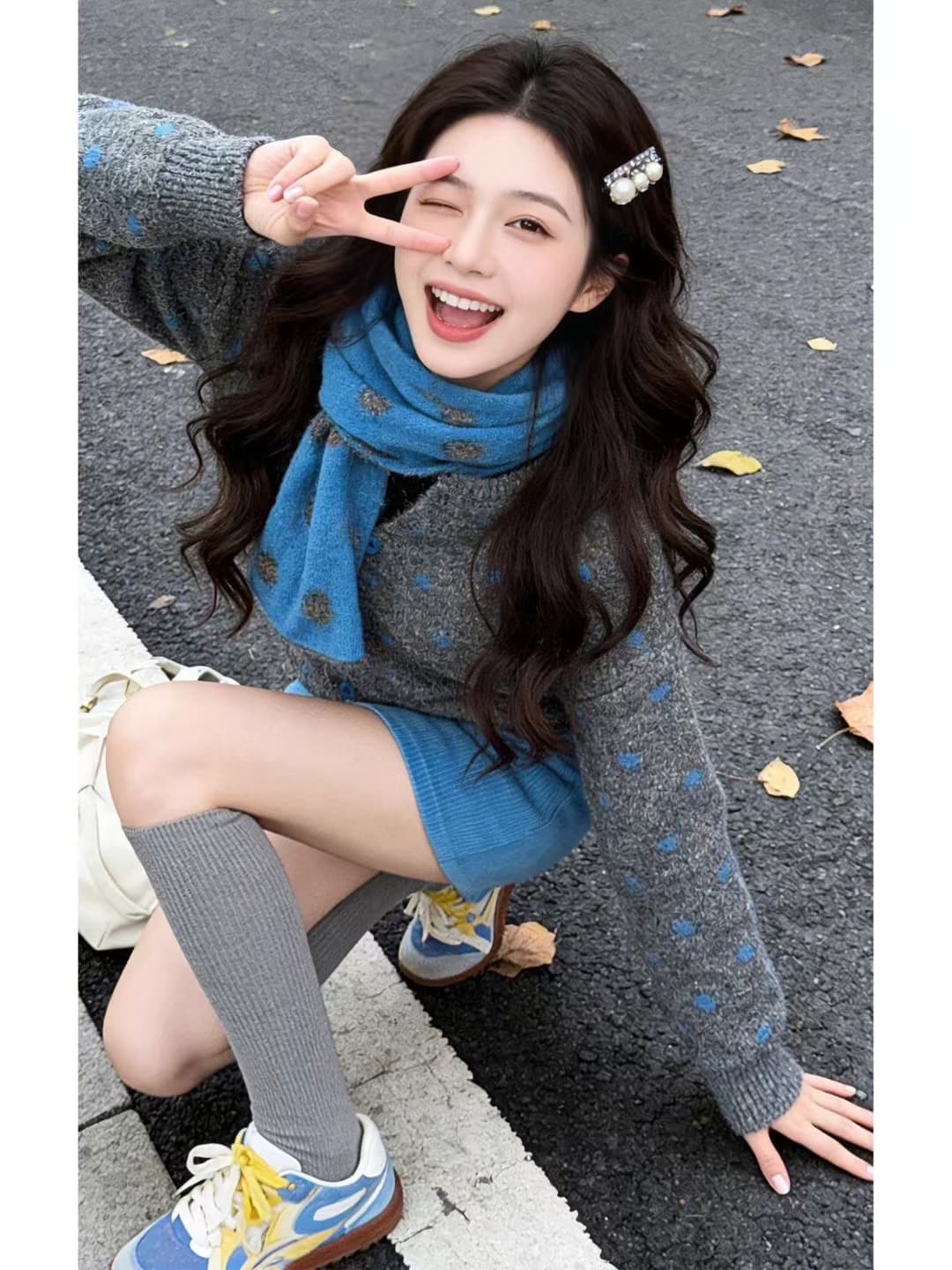 한 부서 부드러운 바람 도트 무늬 니트 오픈 가디건 스카프 두 조각 여성 세트 가을 겨울 새로운 작은 키 슬림해 보이는 스웨터 코트 이미지 4