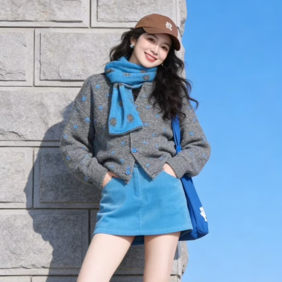 한 부서 부드러운 바람 도트 무늬 니트 오픈 가디건 스카프 두 조각 여성 세트 가을 겨울 새로운 작은 키 슬림해 보이는 스웨터 코트 이미지 5