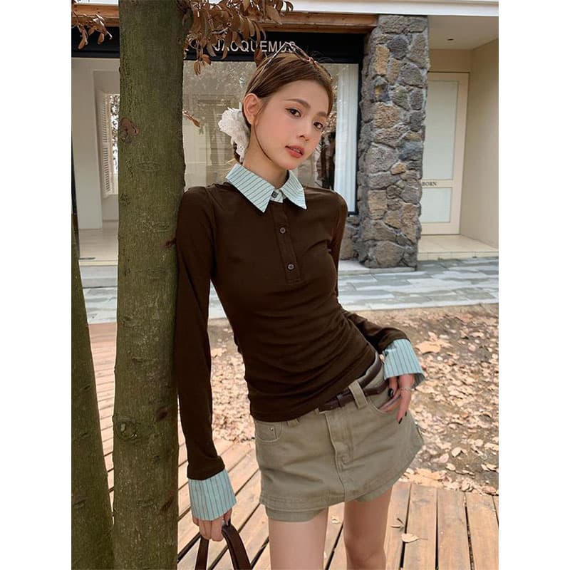 원본 품질 아메리칸 페이크 레이어드 스트라이프 POLO 칼라 긍정적 인 어깨 긴팔 티셔츠 가을 핫걸 몸매 가꾸기 맨위 이미지 3