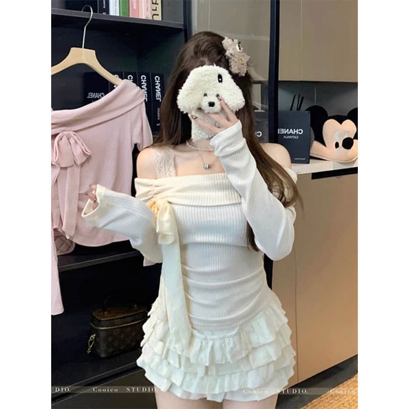 원단 순수한 욕망 프랑스식 나비 넥타이 긴팔 티셔츠 여성 가을 겨울 핫걸 몸매 가꾸기 인사이드 잡아라. 의류 이미지 4