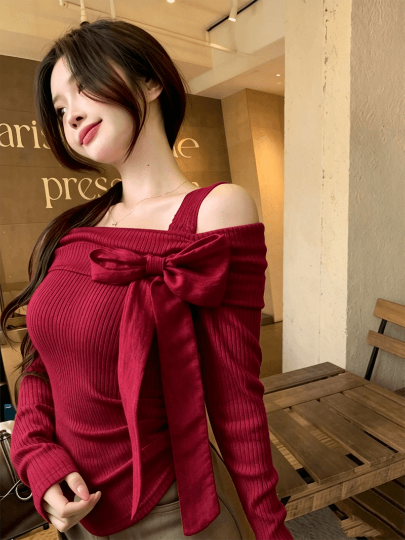 원단 순수한 욕망 프랑스식 나비 넥타이 긴팔 티셔츠 여성 가을 겨울 핫걸 몸매 가꾸기 인사이드 잡아라. 의류 상세 이미지 3