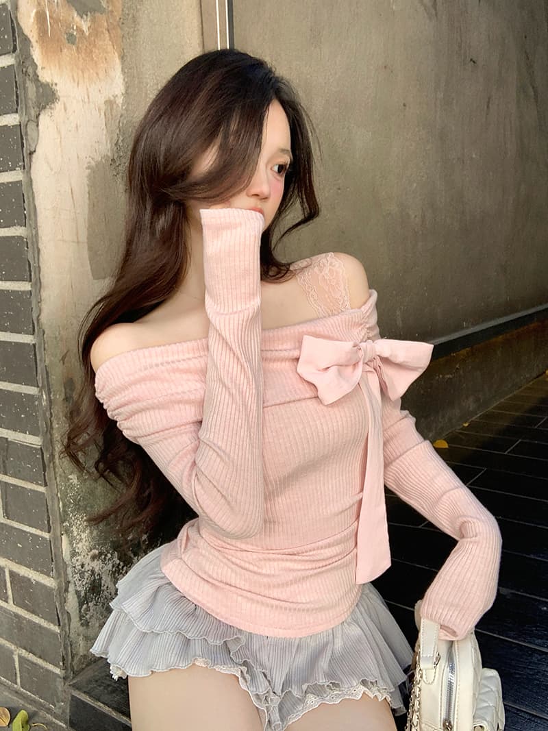 원단 순수한 욕망 프랑스식 나비 넥타이 긴팔 티셔츠 여성 가을 겨울 핫걸 몸매 가꾸기 인사이드 잡아라. 의류 상세 이미지 10