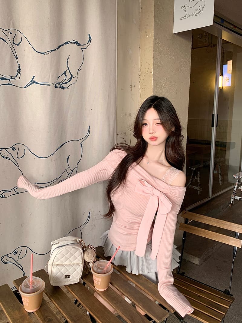 원단 순수한 욕망 프랑스식 나비 넥타이 긴팔 티셔츠 여성 가을 겨울 핫걸 몸매 가꾸기 인사이드 잡아라. 의류 상세 이미지 15