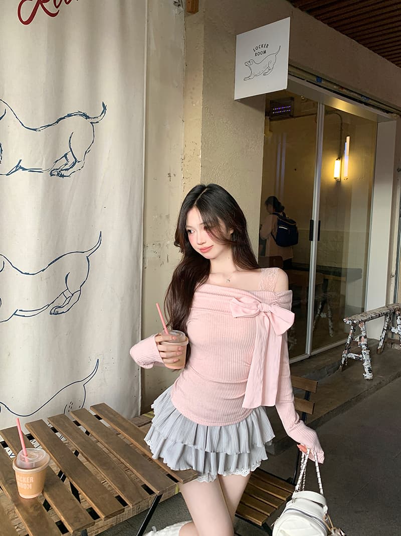 원단 순수한 욕망 프랑스식 나비 넥타이 긴팔 티셔츠 여성 가을 겨울 핫걸 몸매 가꾸기 인사이드 잡아라. 의류 상세 이미지 17