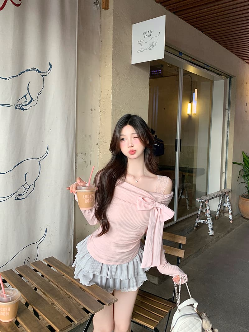 원단 순수한 욕망 프랑스식 나비 넥타이 긴팔 티셔츠 여성 가을 겨울 핫걸 몸매 가꾸기 인사이드 잡아라. 의류 상세 이미지 19
