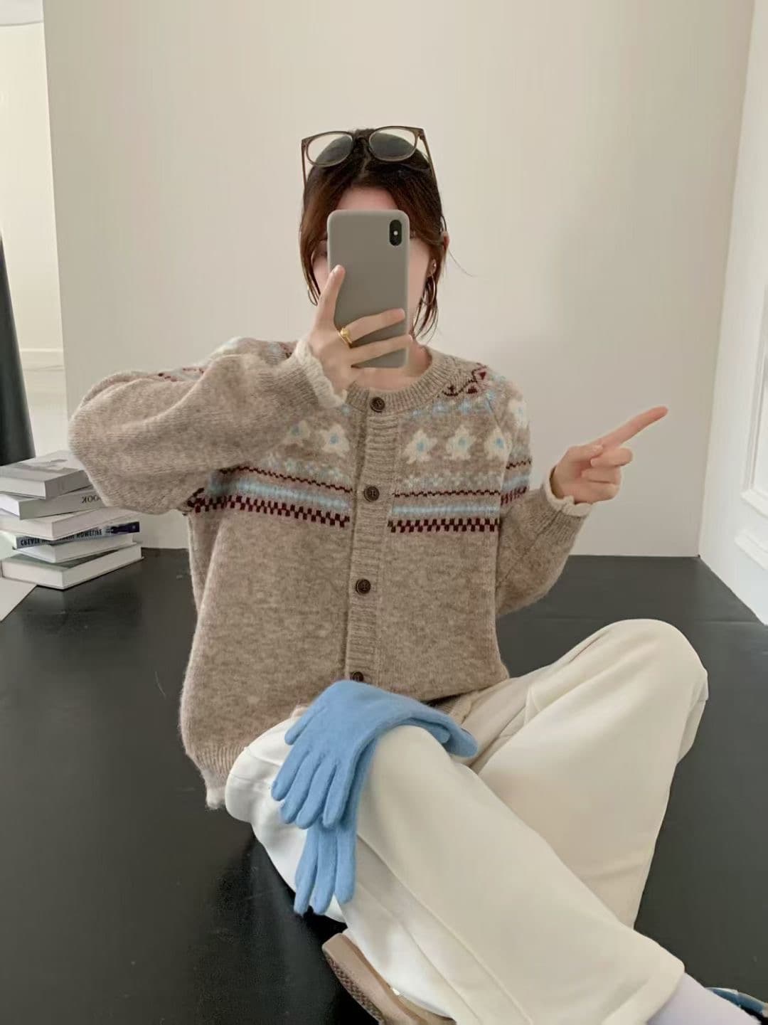 한 부서 레트로 부드러운 찹쌀 자카드 니트 오픈 가디건 여성 가을 겨울 새로운 루즈핏 라운드 넥 스웨터 코트 디자인 센스 맨위 상세 이미지 1