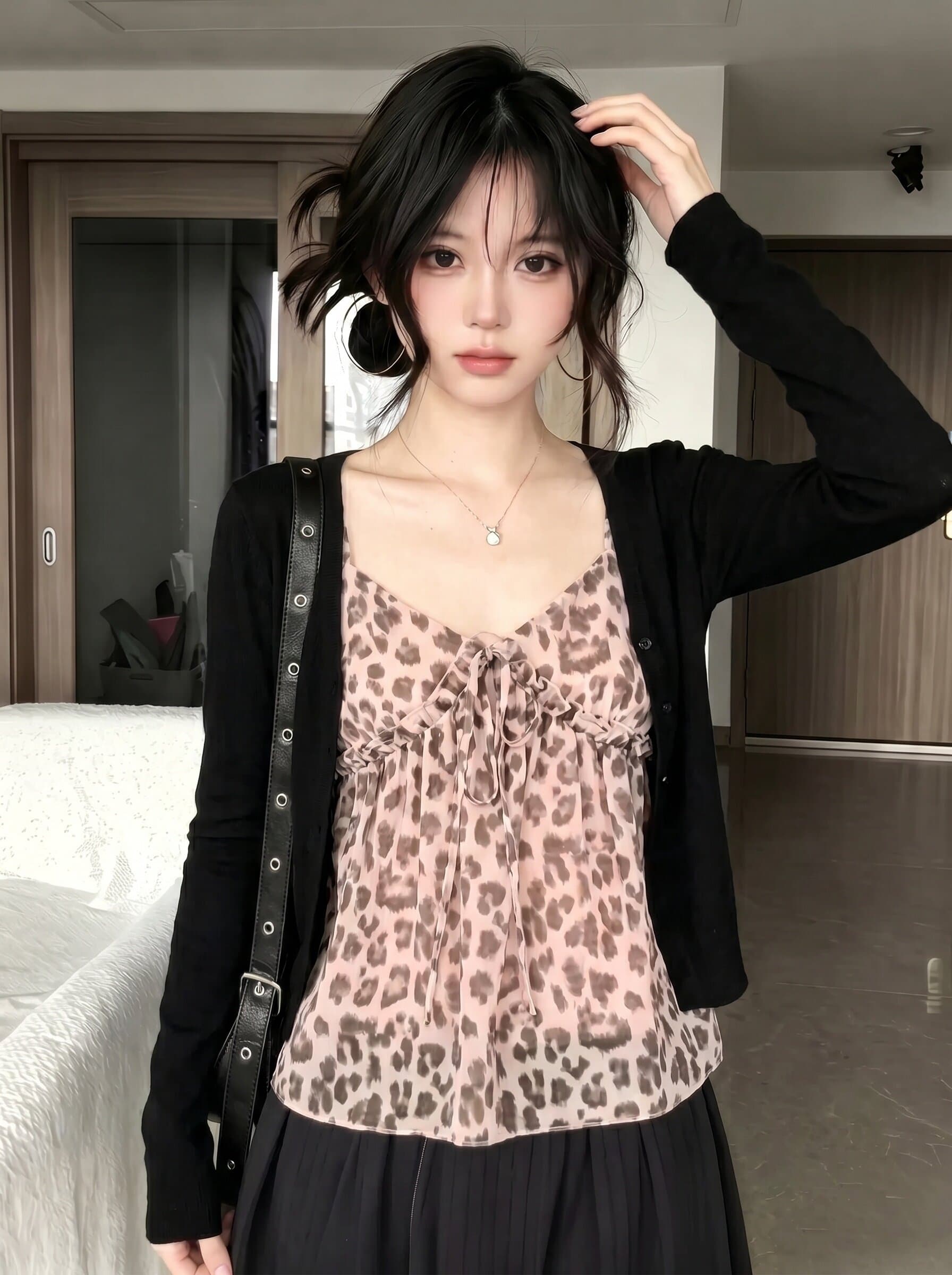순수한 욕망 바람 플리츠 레이스업 레오파드 무늬 캐미솔 여름 캐주얼 다용도 몸매 가꾸기 슬림해 보이는 쇼트 스타일 오픈 가디건 투피스 세트 이미지 3