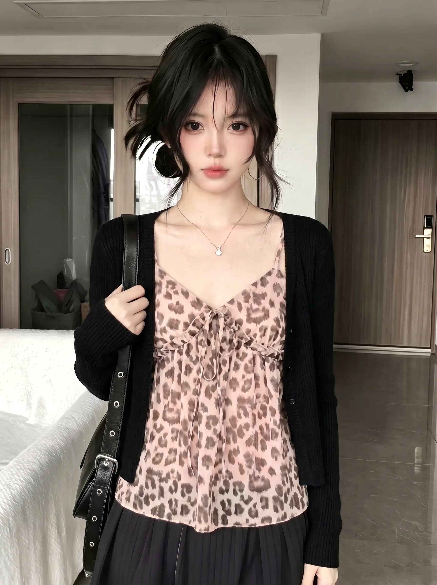 순수한 욕망 바람 플리츠 레이스업 레오파드 무늬 캐미솔 여름 캐주얼 다용도 몸매 가꾸기 슬림해 보이는 쇼트 스타일 오픈 가디건 투피스 세트 상세 이미지 1