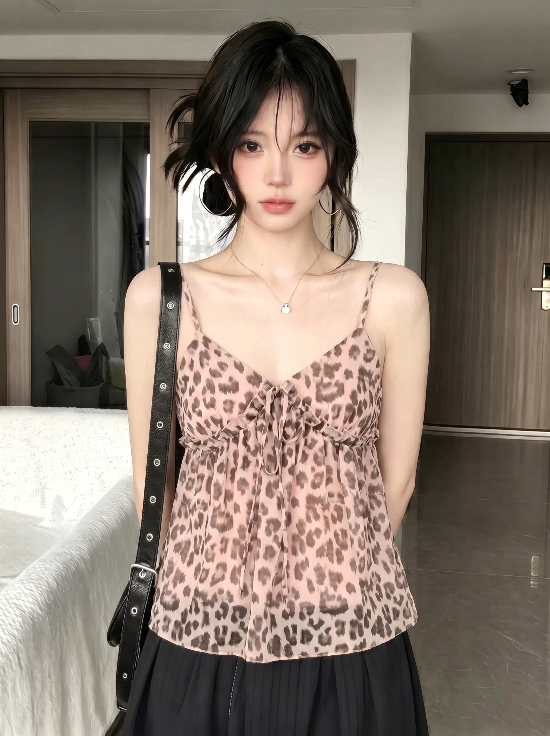 순수한 욕망 바람 플리츠 레이스업 레오파드 무늬 캐미솔 여름 캐주얼 다용도 몸매 가꾸기 슬림해 보이는 쇼트 스타일 오픈 가디건 투피스 세트 상세 이미지 3