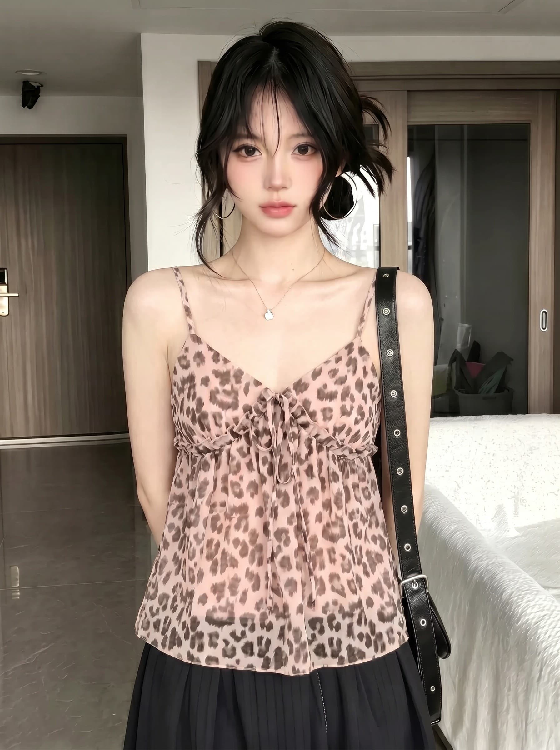 순수한 욕망 바람 플리츠 레이스업 레오파드 무늬 캐미솔 여름 캐주얼 다용도 몸매 가꾸기 슬림해 보이는 쇼트 스타일 오픈 가디건 투피스 세트 상세 이미지 5