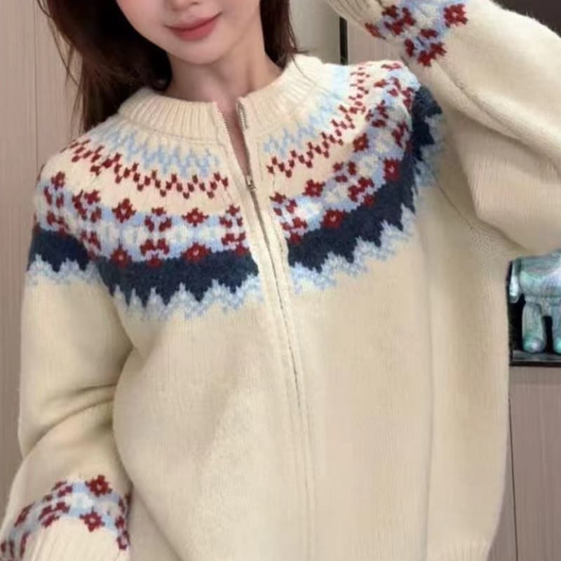 레트로 공정한 섬 자카드 라운드 넥 스웨터 여성 코트 겨울 새로운 느긋한 바람 루즈핏 두꺼운 니트 오픈 가디건 트렌디 이미지 5