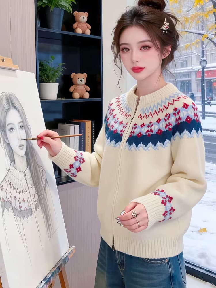 레트로 공정한 섬 자카드 라운드 넥 스웨터 여성 코트 겨울 새로운 느긋한 바람 루즈핏 두꺼운 니트 오픈 가디건 트렌디 상세 이미지 1