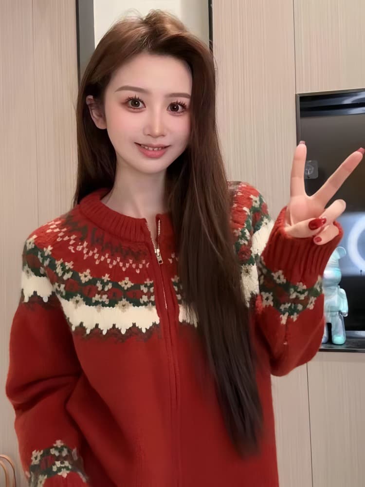 레트로 공정한 섬 자카드 라운드 넥 스웨터 여성 코트 겨울 새로운 느긋한 바람 루즈핏 두꺼운 니트 오픈 가디건 트렌디 상세 이미지 2