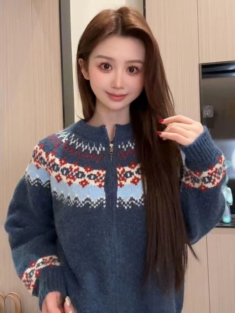 레트로 공정한 섬 자카드 라운드 넥 스웨터 여성 코트 겨울 새로운 느긋한 바람 루즈핏 두꺼운 니트 오픈 가디건 트렌디 상세 이미지 3