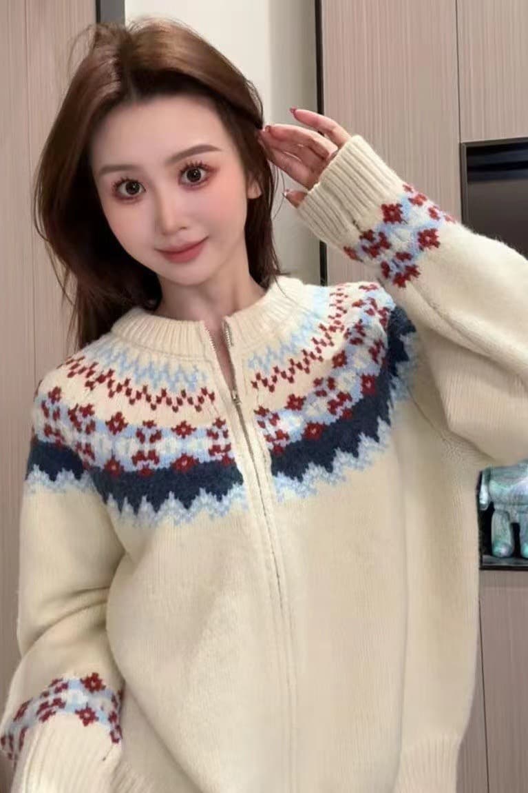 레트로 공정한 섬 자카드 라운드 넥 스웨터 여성 코트 겨울 새로운 느긋한 바람 루즈핏 두꺼운 니트 오픈 가디건 트렌디 상세 이미지 5