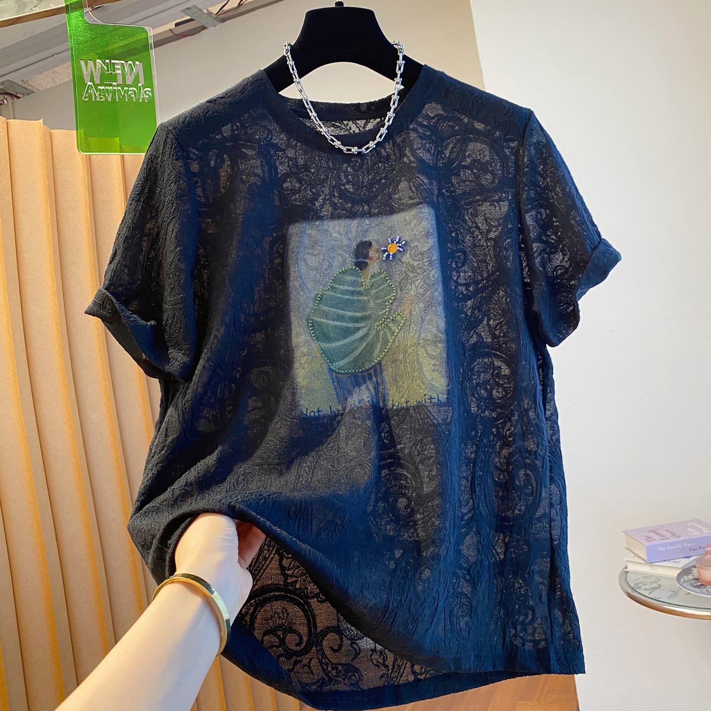 정가 원본 원단 특별 빅 사이즈 200 kg 검정색 레이스 티셔츠 반팔 고유 한 Chic 만나는 상세 이미지 3