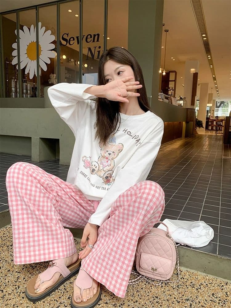 210 그램 21 이후 패키지 칼라 프린트 가을 의상 긴팔 티셔츠 여성 루즈핏 순면 라운드 넥 맨위 상세 이미지 4