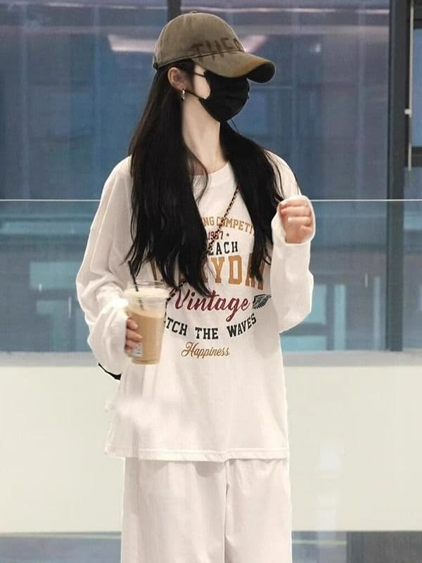 210 그램 21 이후 패키지 칼라 프린트 가을 의상 긴팔 티셔츠 여성 루즈핏 순면 라운드 넥 맨위 상세 이미지 3