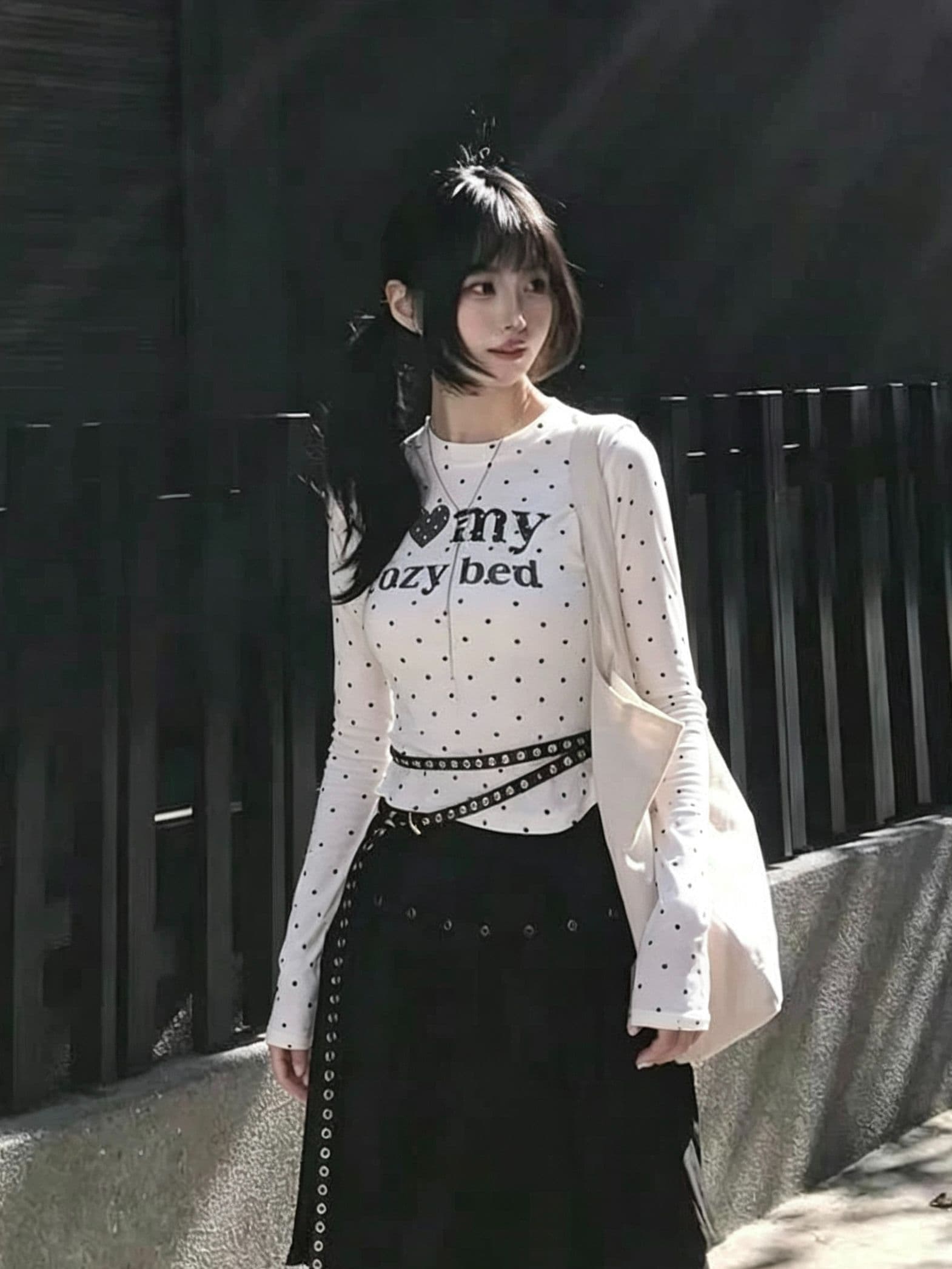 220 그램 40 빗질하다 92 면 8 암모니아 Lun 도트 무늬 몸매 가꾸기 긴팔 티셔츠 여성 이미지 4