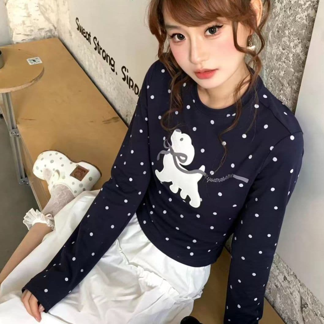 220 그램 40 빗질하다 92 면 8 암모니아 Lun 도트 무늬 몸매 가꾸기 긴팔 티셔츠 여성
