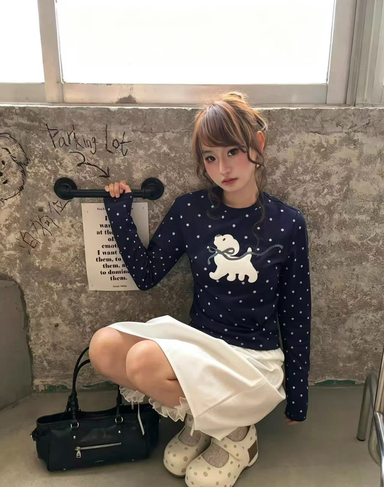 220 그램 40 빗질하다 92 면 8 암모니아 Lun 도트 무늬 몸매 가꾸기 긴팔 티셔츠 여성 상세 이미지 6