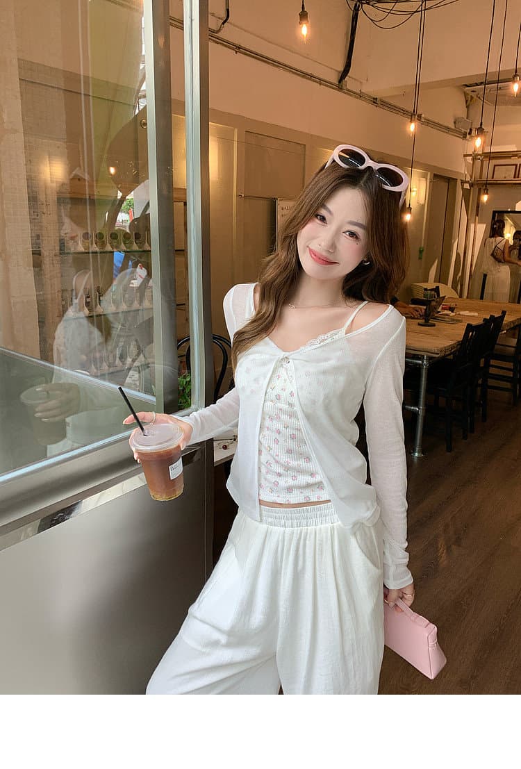 한 부서 화이트 오프숄더 긴팔 티셔츠 여성 여름 착용 가져 가라. 자외선 차단 블라우스 Tulle 맨위 꽃무늬 슬립 투피스 세트 상세 이미지 14