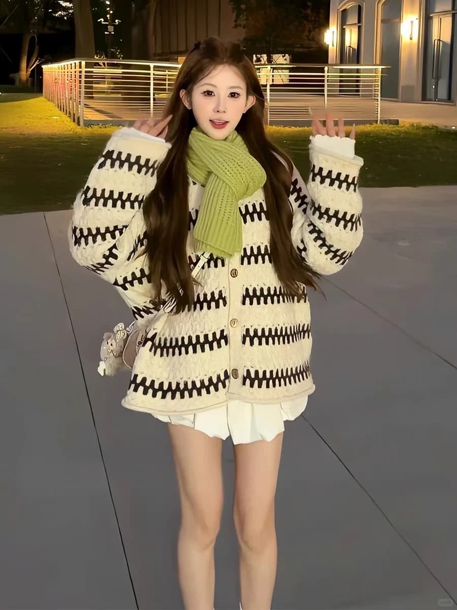 보존 섹션 추천 느긋한 바람 레트로 물결무늬 스트라이프 라운드 넥 스웨터 오픈 가디건 여성 겨울 루즈핏 니트 재킷 이미지 2