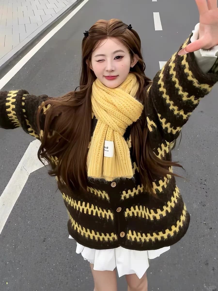 보존 섹션 추천 느긋한 바람 레트로 물결무늬 스트라이프 라운드 넥 스웨터 오픈 가디건 여성 겨울 루즈핏 니트 재킷