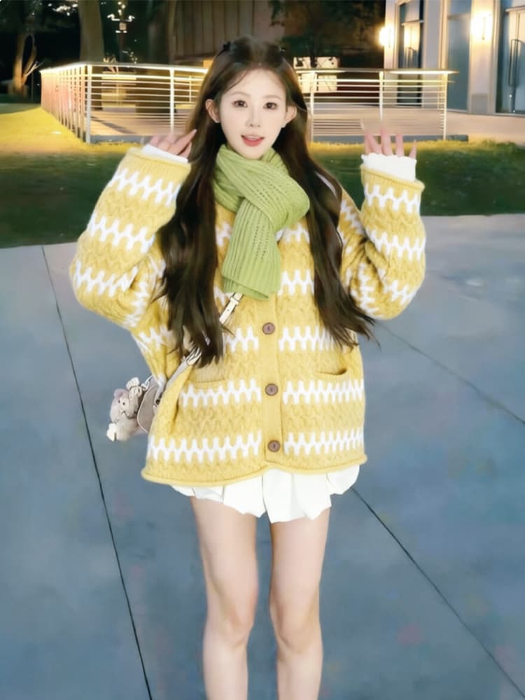 보존 섹션 추천 느긋한 바람 레트로 물결무늬 스트라이프 라운드 넥 스웨터 오픈 가디건 여성 겨울 루즈핏 니트 재킷 이미지 3