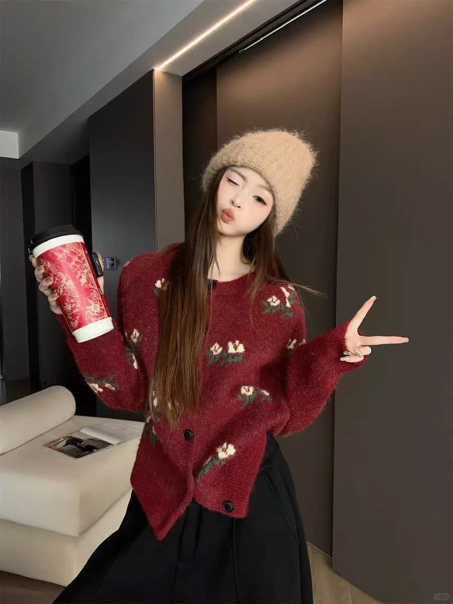 빨간색 전원 바람 꽃 라운드 넥 스웨터 여성 코트 봄 새로운 와이드 부드러운 찹쌀 두꺼운 니트 오픈 가디건 맨위 상세 이미지 8