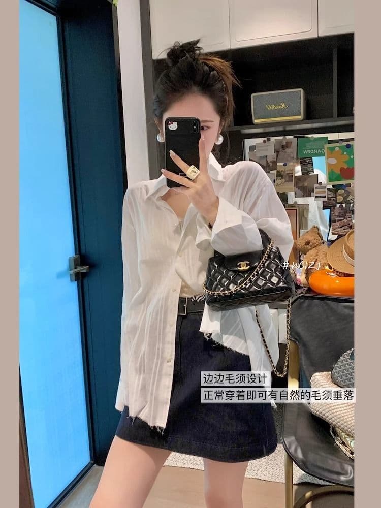화이트 오래된 돈 바람 질감 센스 루즈핏 세로 줄무늬 화이트 여성 셔츠 한국 스타일 얇고 가벼운 긴팔 셔츠 ins 상세 이미지 3