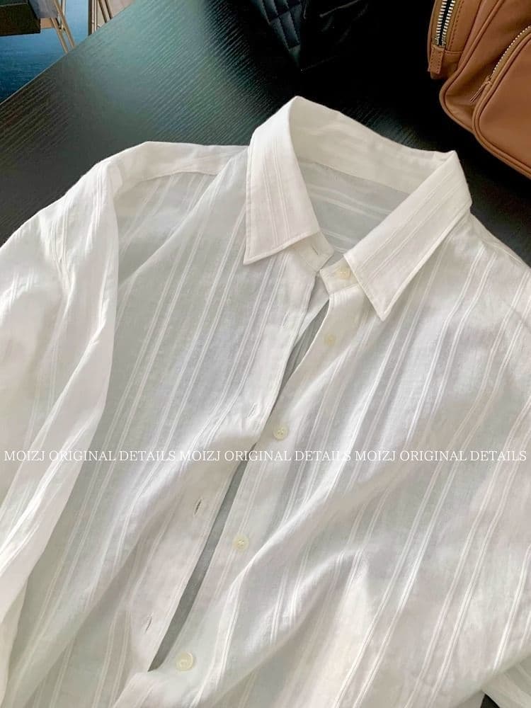화이트 오래된 돈 바람 질감 센스 루즈핏 세로 줄무늬 화이트 여성 셔츠 한국 스타일 얇고 가벼운 긴팔 셔츠 ins 상세 이미지 9