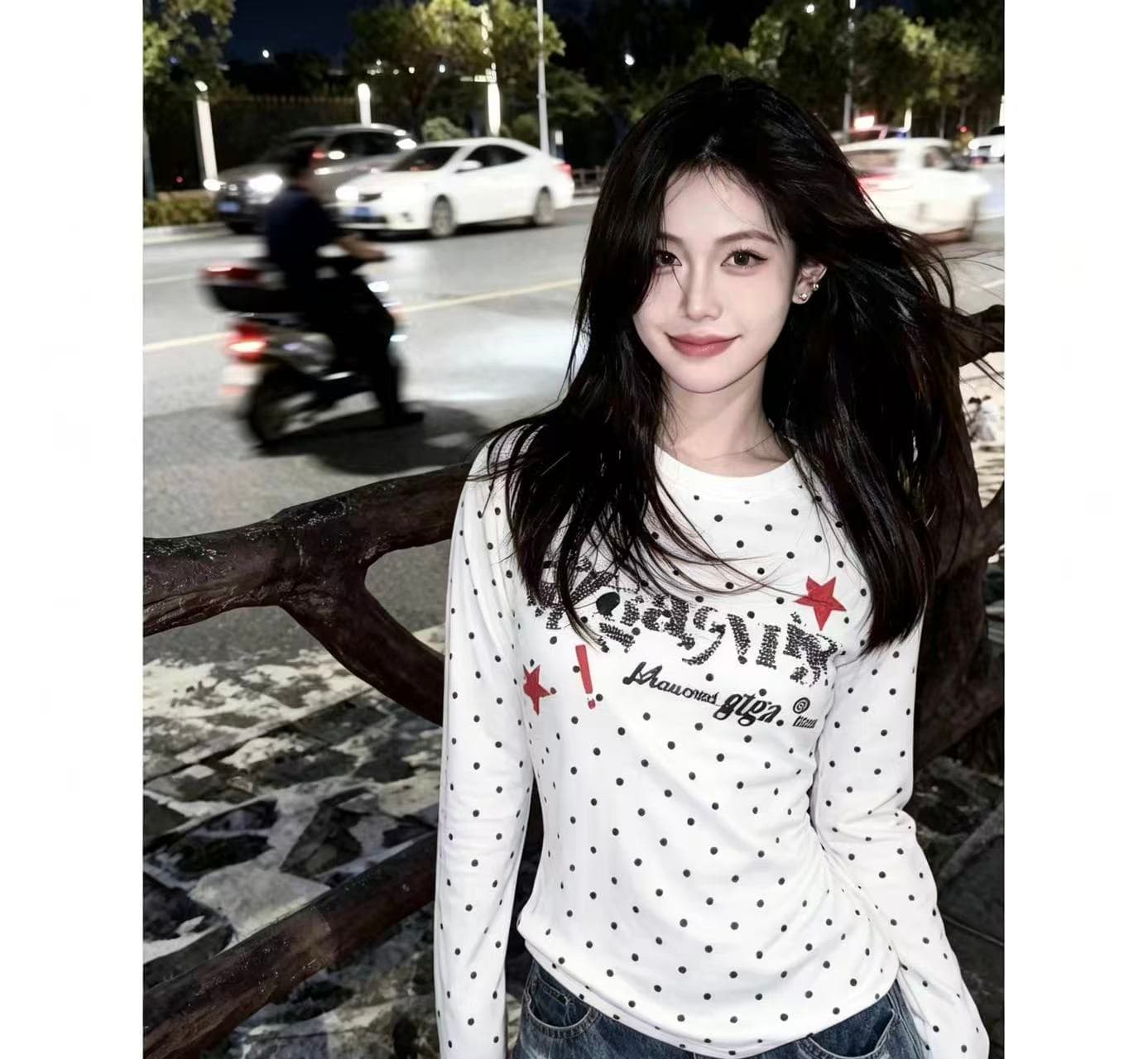 220 그램 40 빗질하다 92 면 8 암모니아 Lun 도트 무늬 몸매 가꾸기 긴팔 티셔츠 여성 이미지 3