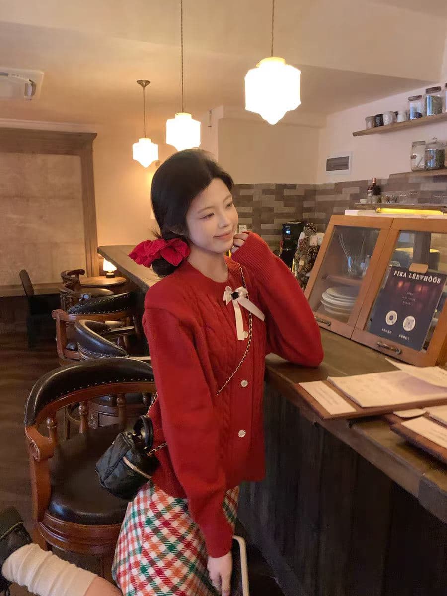 빨간색 오픈 가디건 2026 새로운 가을 착용 가져 가라. 니트 재킷 외부 가져 가라. 스웨터 여자 나비 매듭 맨위 이미지 3