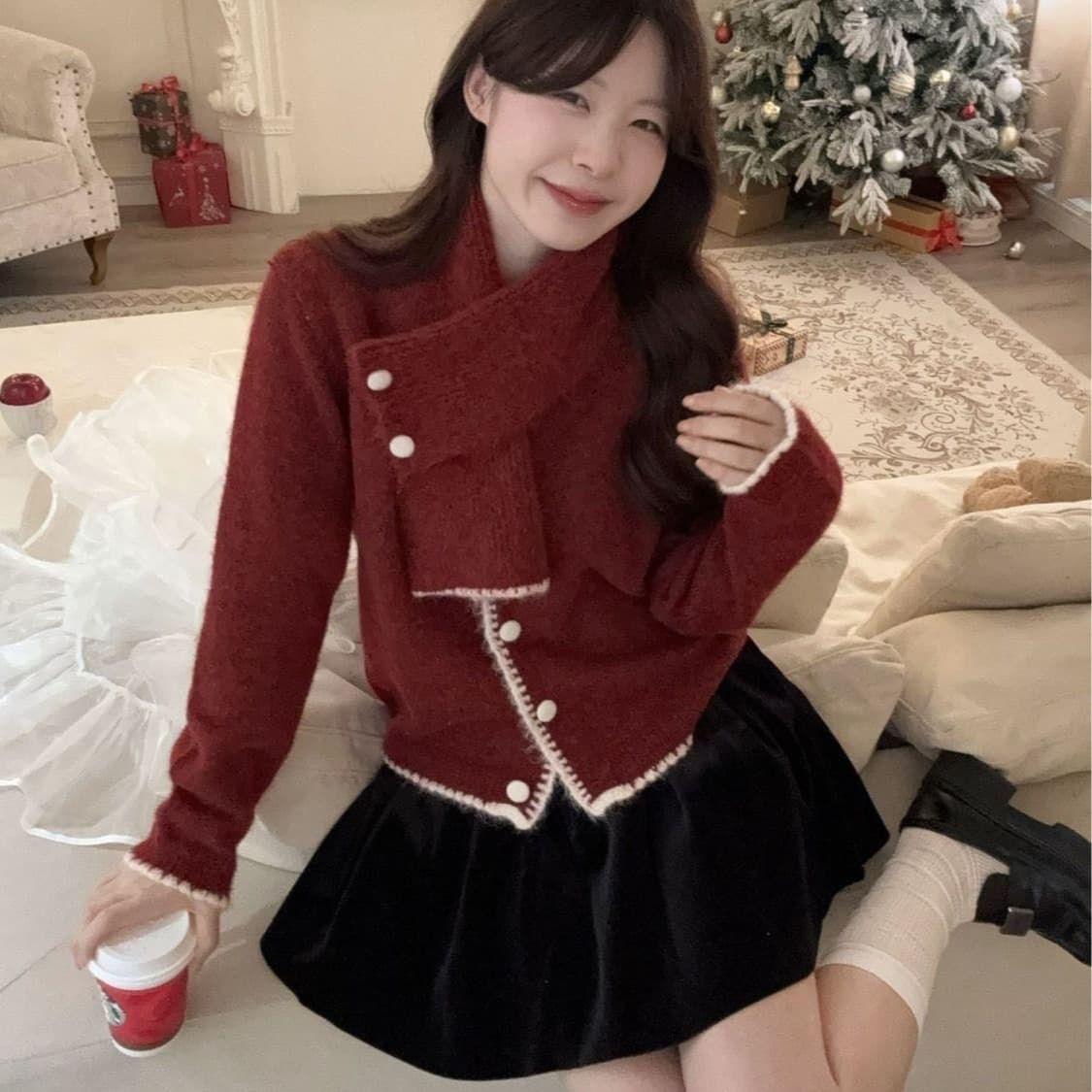 분위기 센스 명중 리본 목도리 스웨터 여성 코트 가을 겨울 2025 새로운 외국 가스 루즈핏 다용도 니트 스웨터 맨위 이미지 5