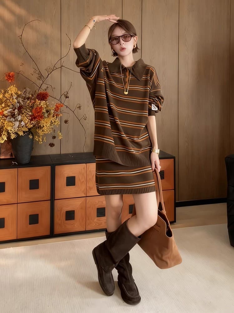 가을 새로운 한 부서 느긋한 바람 POLO 칼라 루즈핏 스트라이프 긴팔 스웨터 니트 반신 스커트 투피스 세트 상세 이미지 1