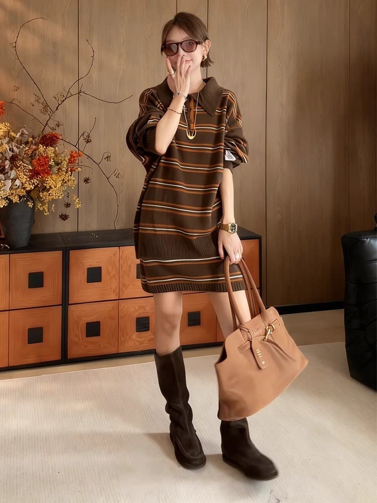 가을 새로운 한 부서 느긋한 바람 POLO 칼라 루즈핏 스트라이프 긴팔 스웨터 니트 반신 스커트 투피스 세트 상세 이미지 2