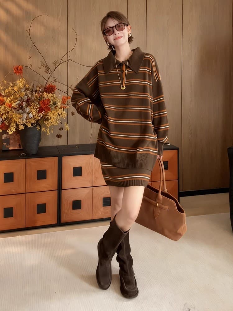 가을 새로운 한 부서 느긋한 바람 POLO 칼라 루즈핏 스트라이프 긴팔 스웨터 니트 반신 스커트 투피스 세트 상세 이미지 3