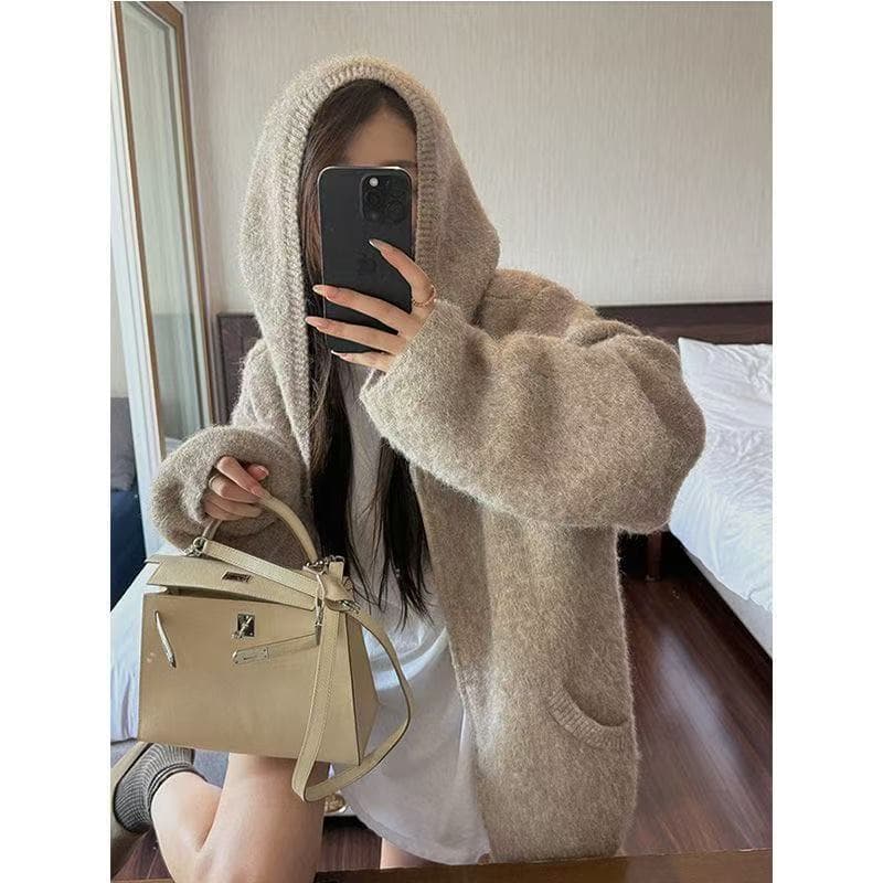 가을 겨울 루즈핏 새로운 오트밀 달콤한 차 플러시 플러시 따뜻한 센스 느긋한 부담하지 마세요. 센스 지퍼 후드 스웨터 카디건 코트 이미지 4