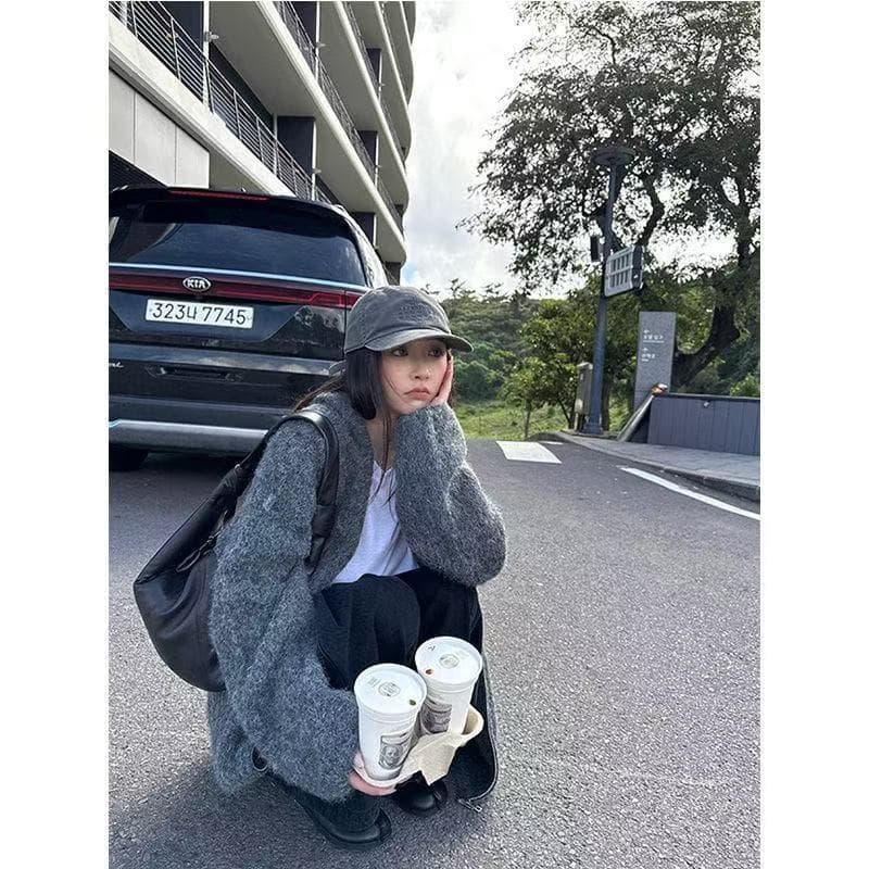가을 겨울 루즈핏 새로운 오트밀 달콤한 차 플러시 플러시 따뜻한 센스 느긋한 부담하지 마세요. 센스 지퍼 후드 스웨터 카디건 코트 상세 이미지 8