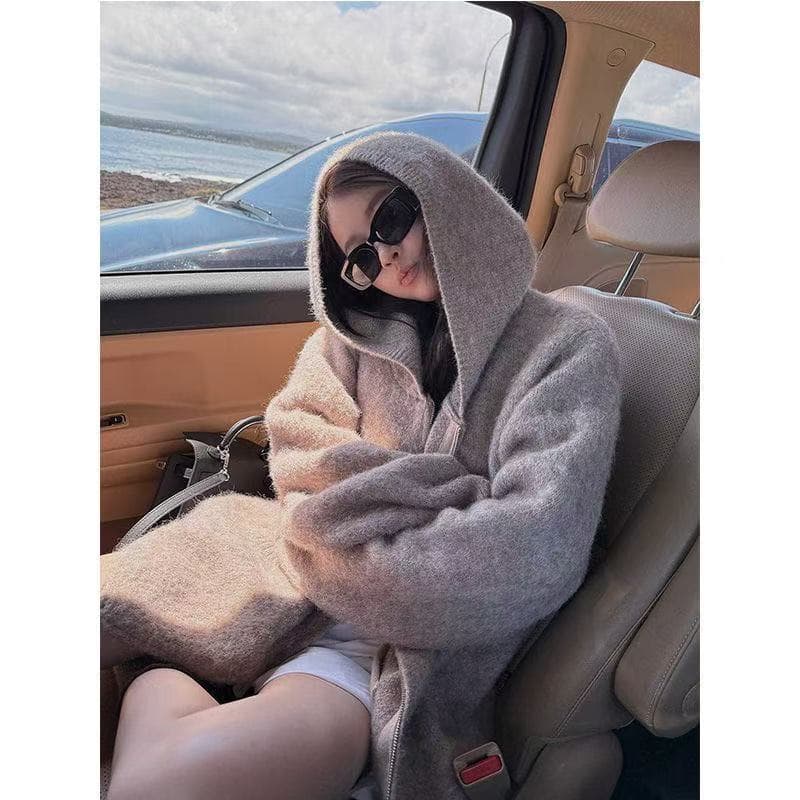 가을 겨울 루즈핏 새로운 오트밀 달콤한 차 플러시 플러시 따뜻한 센스 느긋한 부담하지 마세요. 센스 지퍼 후드 스웨터 카디건 코트 상세 이미지 11