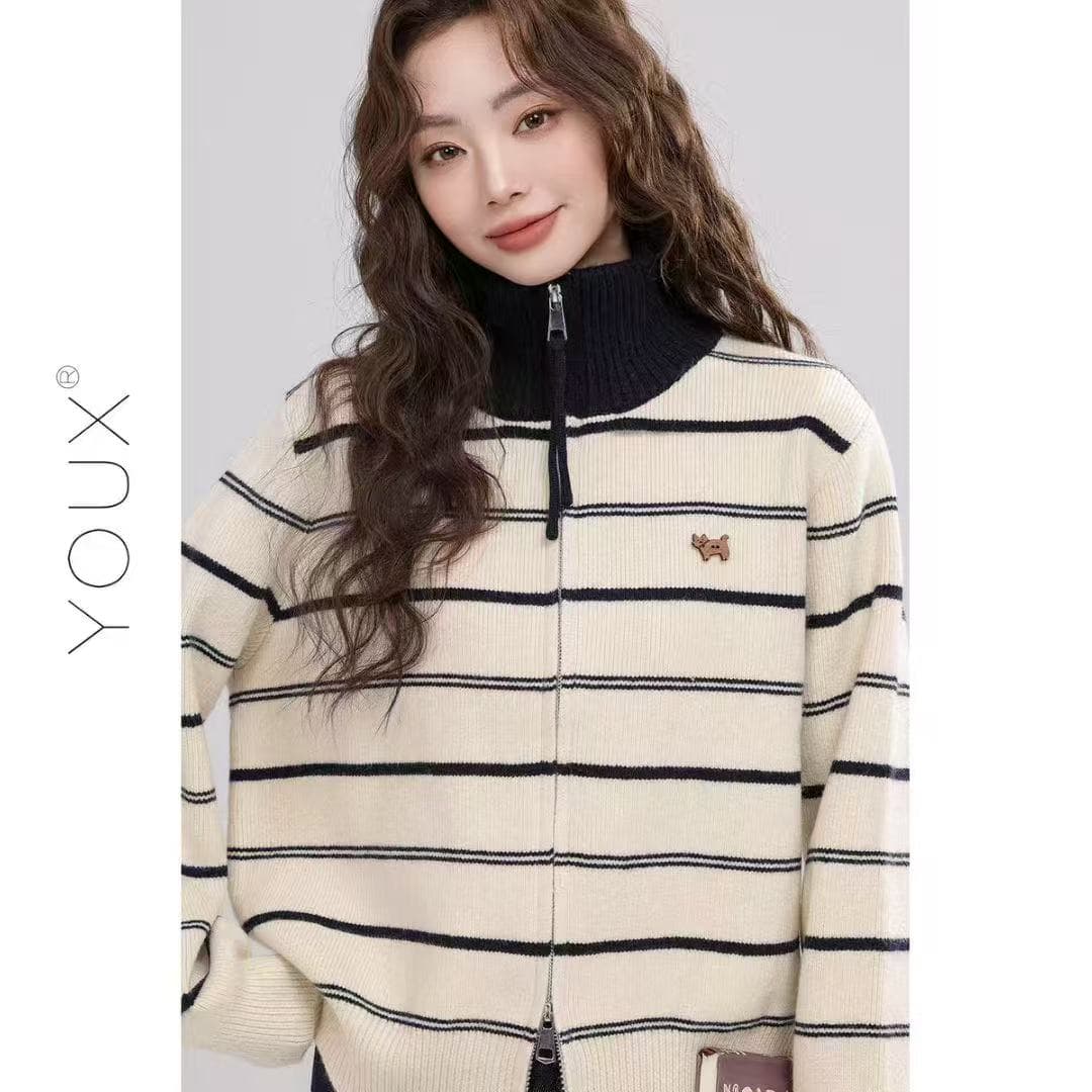 다시 레인 회색 황색 제직 라임 25 겨울 새로운 터틀넥 스트라이프 스웨터 여성 코트 루즈핏 캐주얼 출퇴근 착용 가져 가라. 이미지 4