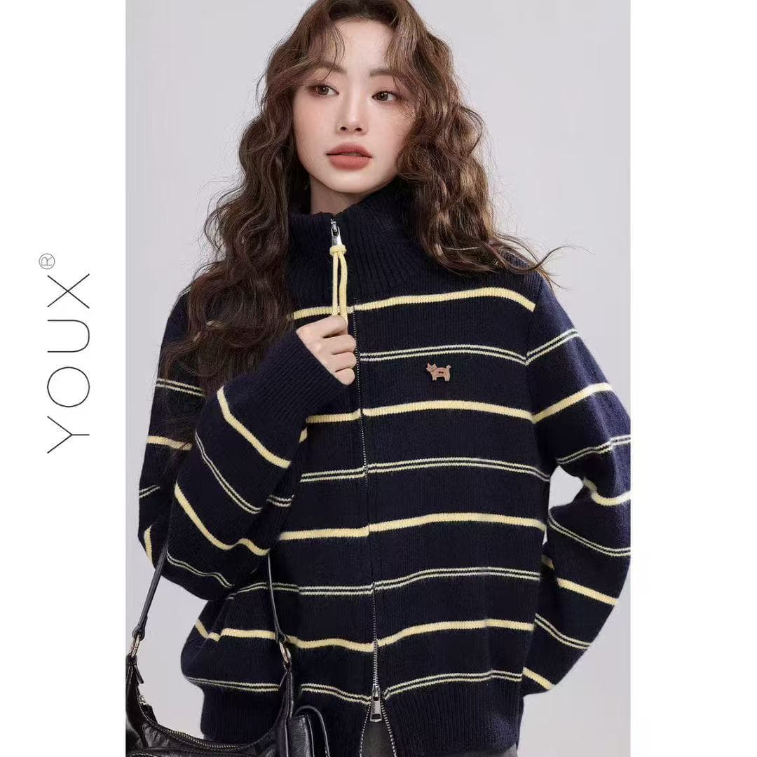 다시 레인 회색 황색 제직 라임 25 겨울 새로운 터틀넥 스트라이프 스웨터 여성 코트 루즈핏 캐주얼 출퇴근 착용 가져 가라. 이미지 2